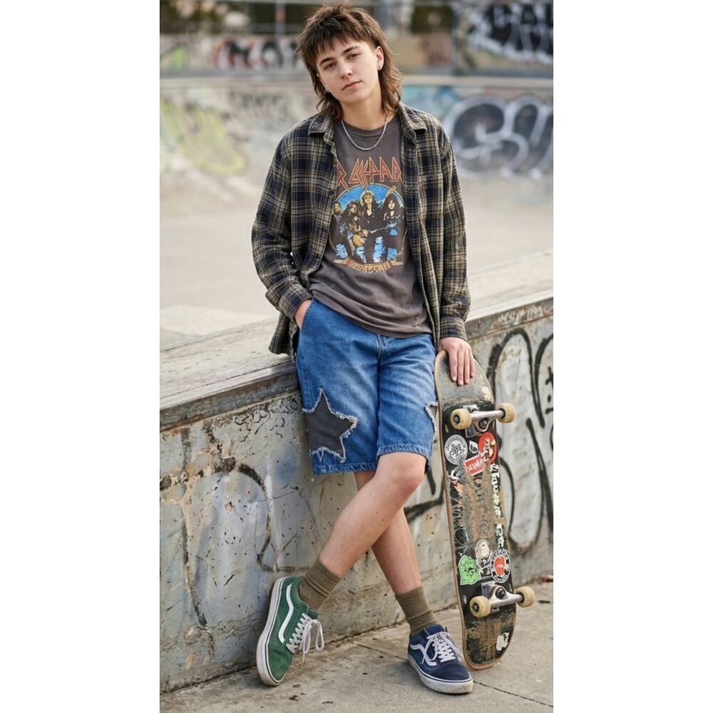 Baggy Star Patch Denim Shorts Y2K Grunge Skater Streetwear Unisex M